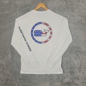 Vineyard Vines Shirt Mens Small White Long Sleeve Whale Pocket Crew USA Flag